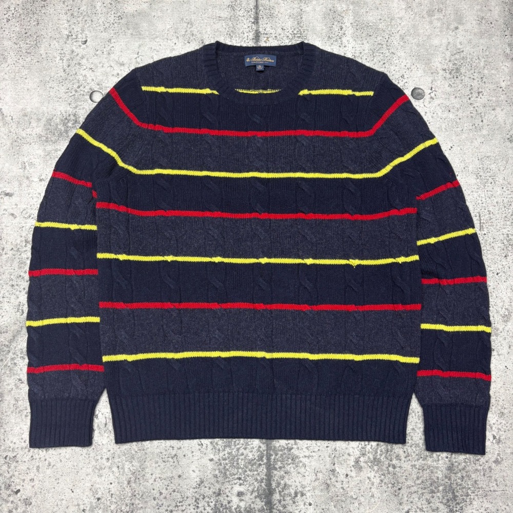 Brooks Brothers Men XL Navy Blue Striped Cable Knit Crewneck Sweater Merino Wool